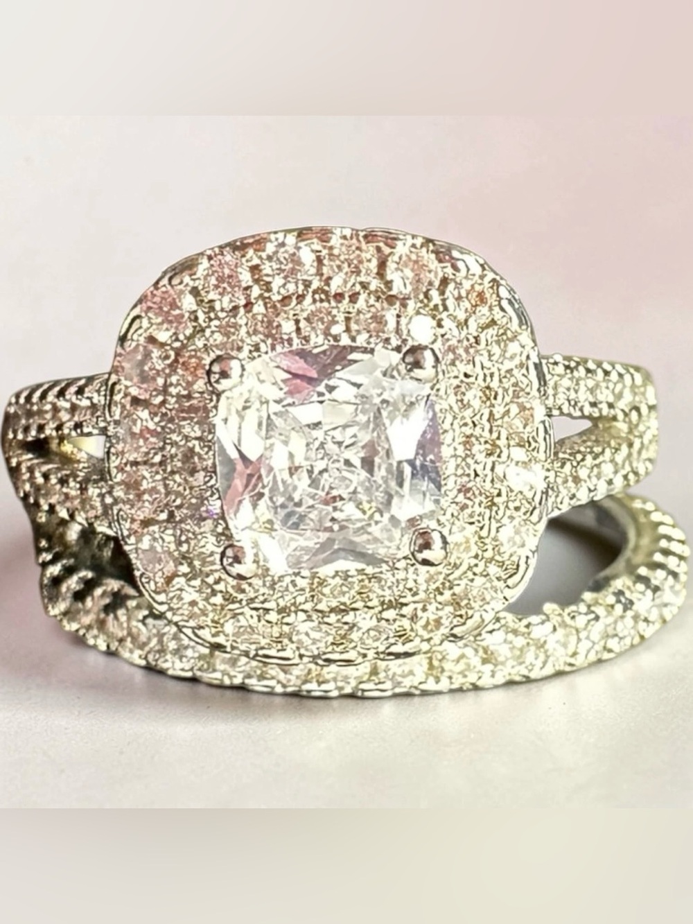 Silver Cushion Cut Double Halo Statement Ring Bridal Set Size 8 NWOT
